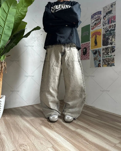 Y2K Harajuku Retro Washed Baggy Jeans Street Hip-hop Anime Printed Wide Pattern Straight Pants Men Trendy Brand Casual Trousers