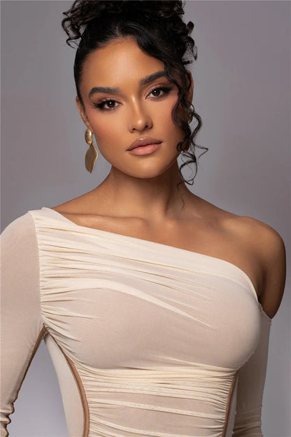 Diagonal Collar Long Sleeve Midi Dress For Women Two Layer Mesh Backless Ruched Bodycon Club Party Sexy Long Dress