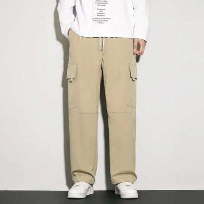 Thick and stretchy straight leg elastic waistband versatile casual long pants for men in autumn and winter, warm pure cotton pan