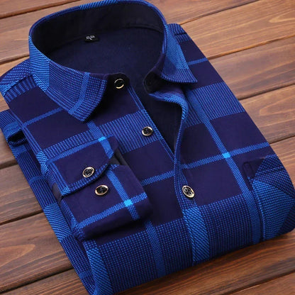 2025 Men's Autumn Winter Casual Fleece Plaid Shirt Fashion Soft Warm Turn Down Collar Long Sleeve Shirt Male High-Quality Tops