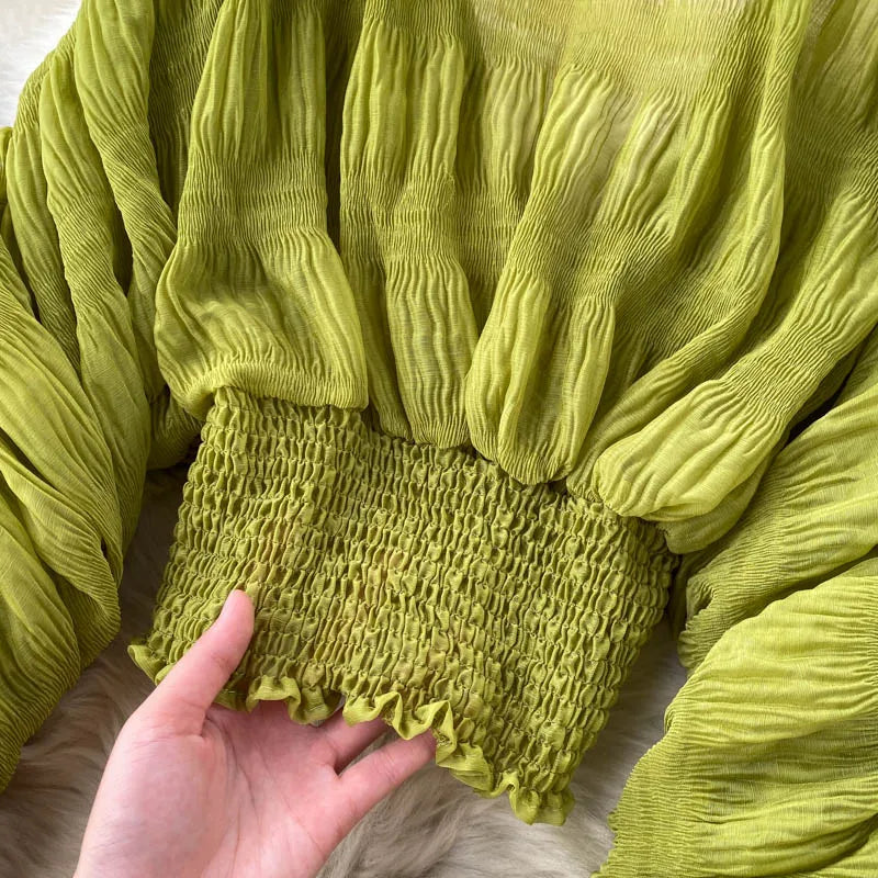 Women Sexy Chiffon Short Blouse Female See Through Super Long Sleeve Purple/Green/Black/White Folds Party Tops 2025 New