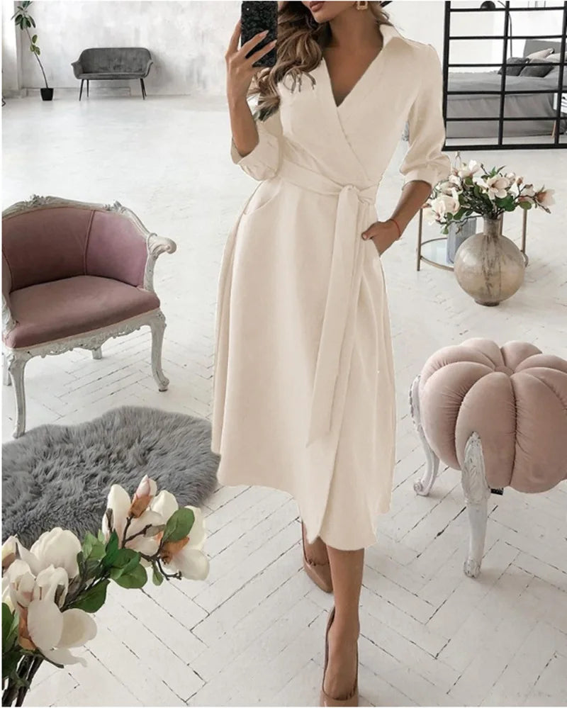 Office Women Casual Sashes A-Line Wrap Summer Dress 2025 Print Long Sleeve V-Neck Dress Pocket Elegant Midi Party Dress Vestidos