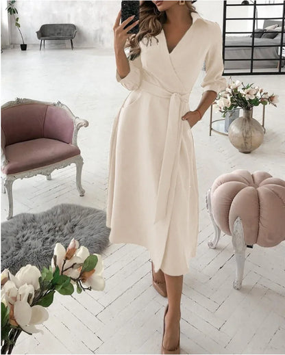 Office Women Casual Sashes A-Line Wrap Summer Dress 2025 Print Long Sleeve V-Neck Dress Pocket Elegant Midi Party Dress Vestidos