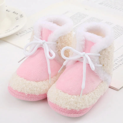 Korean Style Patchwork Plush Baby Shoes - Soft Sole, Cotton Padded, Lace-up Snow Boots for Adorable Boys and Girls 0-18M
