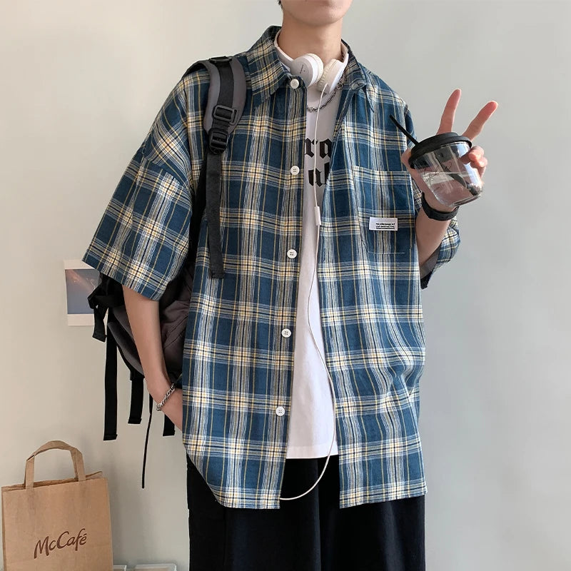 Korean Y2k Streetwear Plaid Shirt Men Shirts 2025 New Summer Fashion Chemise Homme Men's Checkered Shirts Short Sleeve Men Blouse