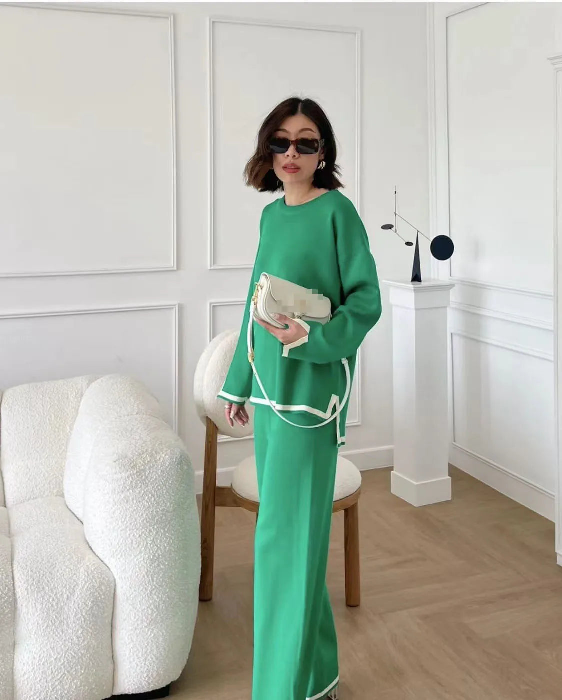 Autumn Women's Clothing Fashion Set Contrasting Color Split Long Sleeved Knitted Shirt High Waist Wide Leg Pants Two-piece Set