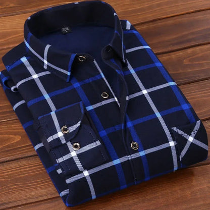 2025 Men's Autumn Winter Casual Fleece Plaid Shirt Fashion Soft Warm Turn Down Collar Long Sleeve Shirt Male High-Quality Tops