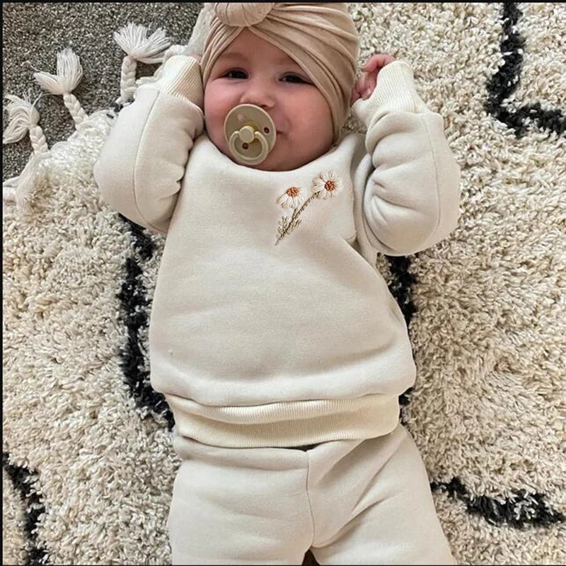 2Pcs Spring Winter Baby Girl Boy Clothes Set Embroidery Thicken Fleece Warm Sweatshirt Pant Boy Tracksuit Toddler Clothes Outfit
