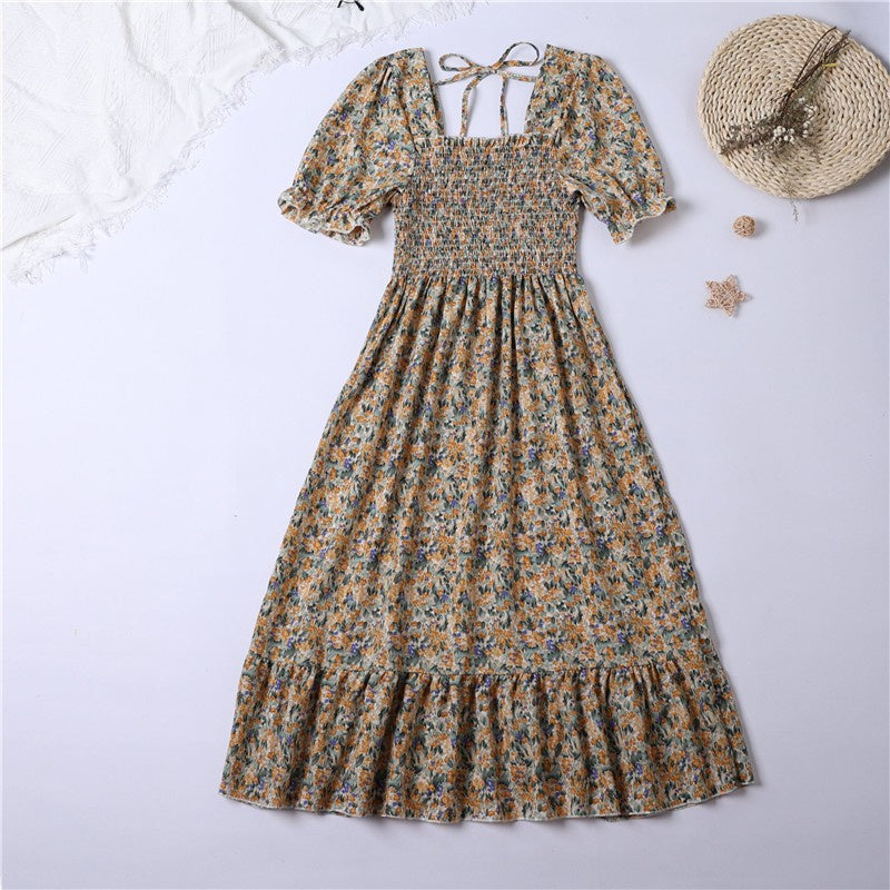 Summer Pleated Women Chiffon Dresses Casual Beach Holiday Short Sleeve Square Collar Woman Midi Dress Bohemian
