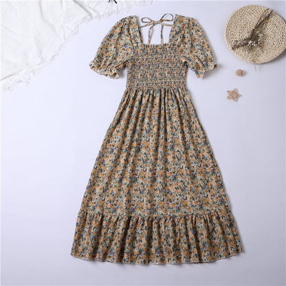 Summer Pleated Women Chiffon Dresses Casual Beach Holiday Short Sleeve Square Collar Woman Midi Dress Bohemian