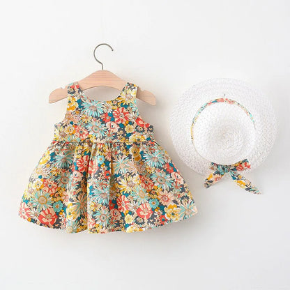 2Piece Sets Summer Toddler Girl Clothes Korean Fashion Flowers Cute Bow Sleeveless Princess Baby Dresses+ Sunhat Kids Dress BC136