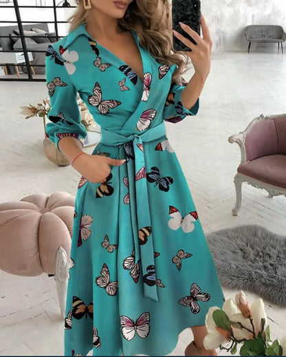 Office Women Casual Sashes A-Line Wrap Summer Dress 2025 Print Long Sleeve V-Neck Dress Pocket Elegant Midi Party Dress Vestidos