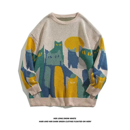 Men Spring Oversized Harajuku Sweater Vintage Cartoon  Anime Knitted Men's Rock Hip Hop Rap Pullover Women Home Fashion Sweater
