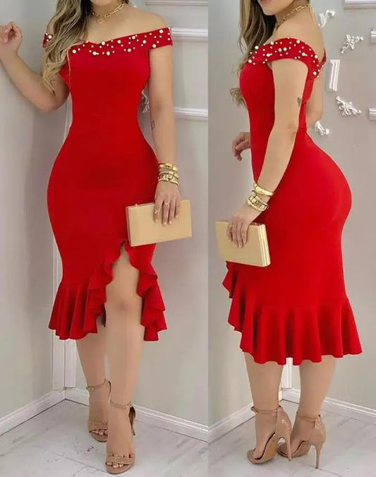 Women's Dresses 2025  Summer Fashion Beaded Off Shoulder Ruffles Slit Hem Elegant Plain Short Sleeve Skinny Midi Party Dress
