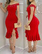 Women's Dresses 2025  Summer Fashion Beaded Off Shoulder Ruffles Slit Hem Elegant Plain Short Sleeve Skinny Midi Party Dress