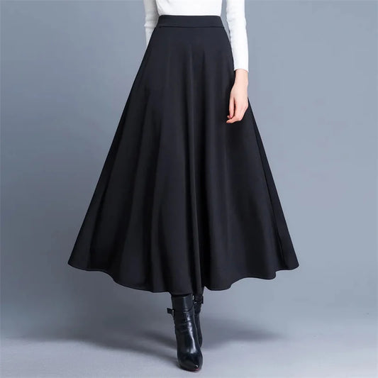 Spring Autumn Large Size A-Line Skirts Women Elastic High Waist Wine Red Black Long Skirt Female Casual Solid Color Maxi Skirts