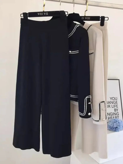 Women Casual Knitted 2 Pieces Sets Korean Cropped Knitwear Sweater Cardigan Tops Conjuntos High Waist Ankle Length Pants Suits