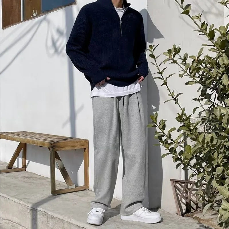 2025 Spring Autumn Men New Fashion Men Loose Half-high Collar Zipper Pullover Knitted Sweater Jacket  All-match Clothing