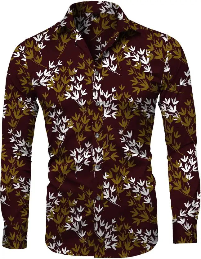 Fashion Irregular Plaid Flower Print Men's Long Sleeve Shirt Casual Party Street Hawaiian Polo Collar Shirt