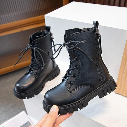 Girls Boots Simple Non-slip Back Zipper Summer Breathable Versatile Soft Autumn Winter Black Children Leather Boots 2025 New