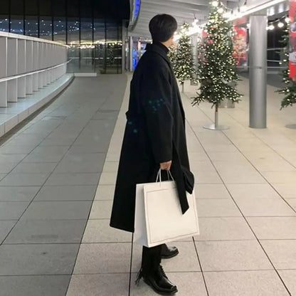 Korean Trend Men's Loose Casual Single-breasted Overcoat Autumn Winter Fashion New Long Sleeve Woolen Long Coat