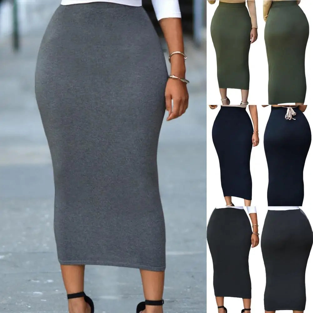 Women Skirt Solid Color Elastic Bodycon High Waist Dating Skirt Match Top Comfortable Mid-calf Length Sheath Skirt Women Garment