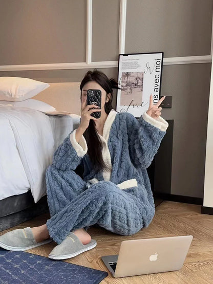 2pcs/Set Autumn And Winter Pajamas Women Thickened Padded Warm Students Coral Girls Clot Velvet Suit Home wear Cardigan Trousers
