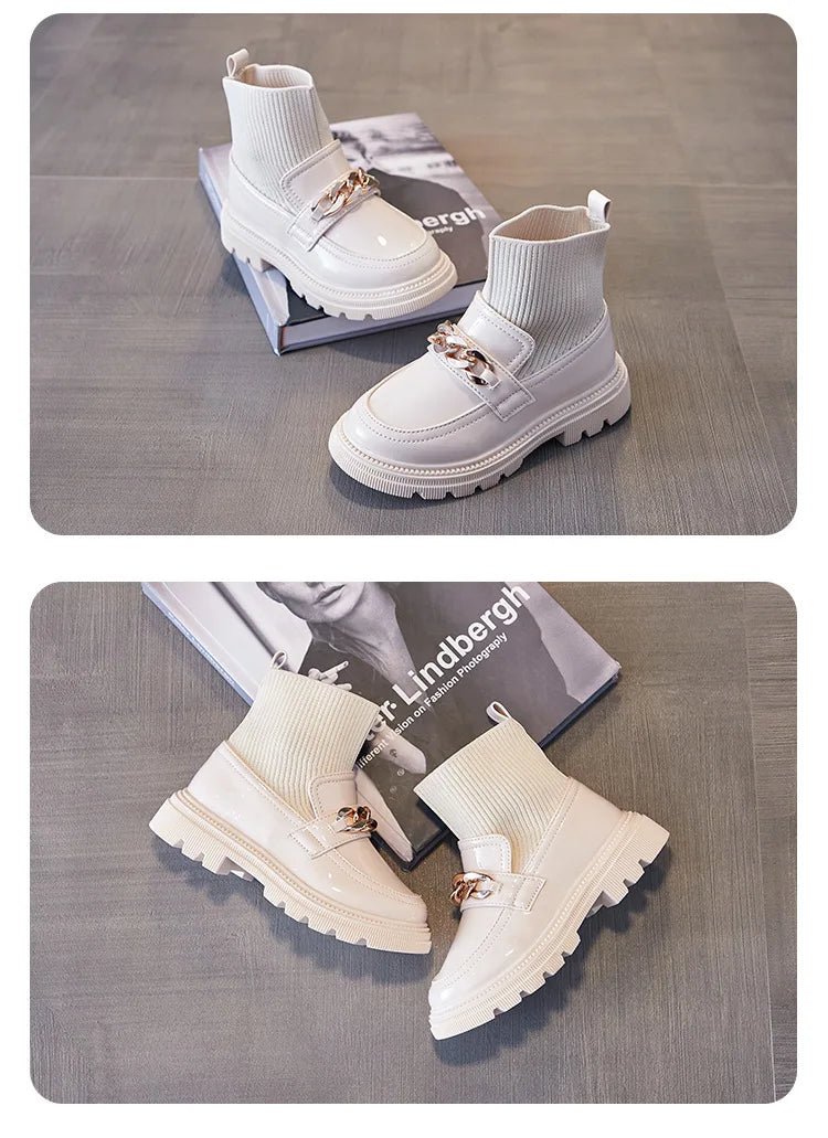 Girls Leather Boots Metal Chains Flying Woven Stitching Princess Boots Kids Leather Soft Sole Boots Children Socks Boots Fashion