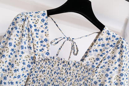 Summer Pleated Women Chiffon Dresses Casual Beach Holiday Short Sleeve Square Collar Woman Midi Dress Bohemian