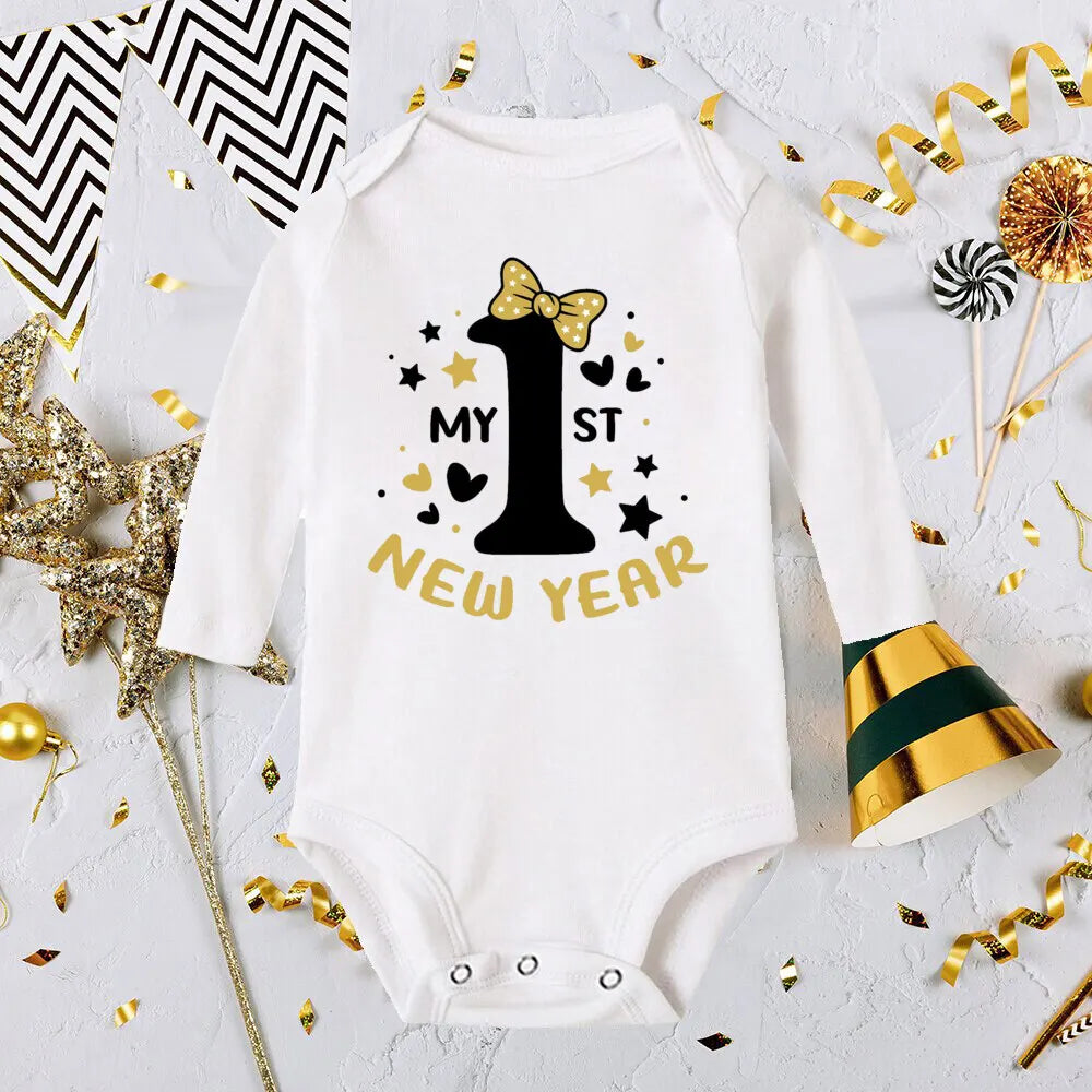 My First New Year Print Baby Romper Infant Long Sleeve Bodysuit Toddler Holiday Jumpsuit Boys Girls Clothes Newborn Shower Gifts