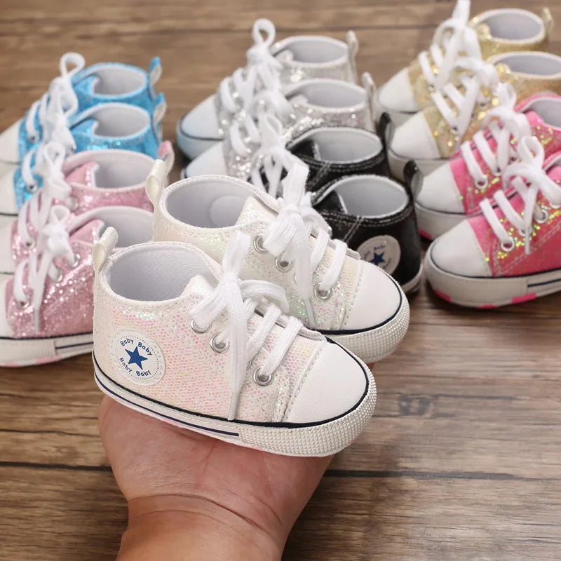 Baby Shoes Bling Canvas Infant Baby Girls Shoes Lace-up Comfortable Boy Sneaker Soft Sole Anti-slip Toddler First Walkers