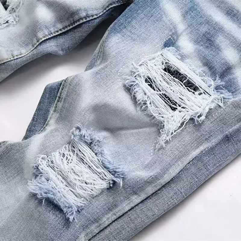 2025 New Punk Men Black Blue Letter Embroidery Jeans Streetwear Holes Ripped Denim Pants Men's Hip Hop Slim Jean Hombre Trousers
