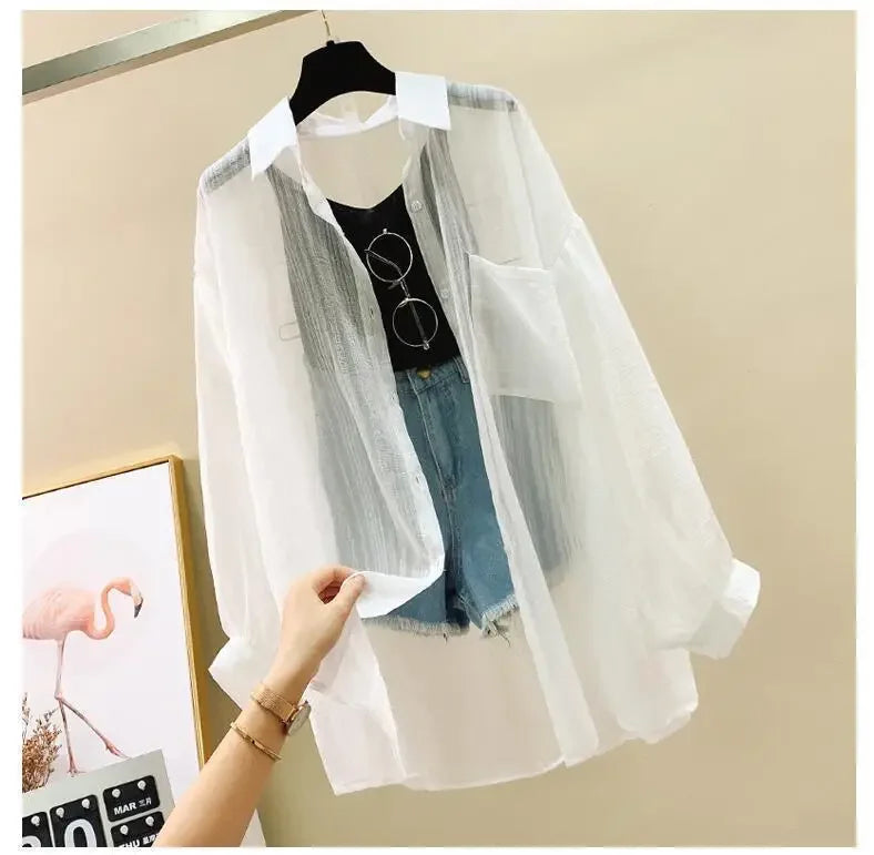 Shirts Women Sheer Thin Chic Summer Simple Solid Sun-proof Temper Fashion Baggy All-match Basic Korean Style Clothes