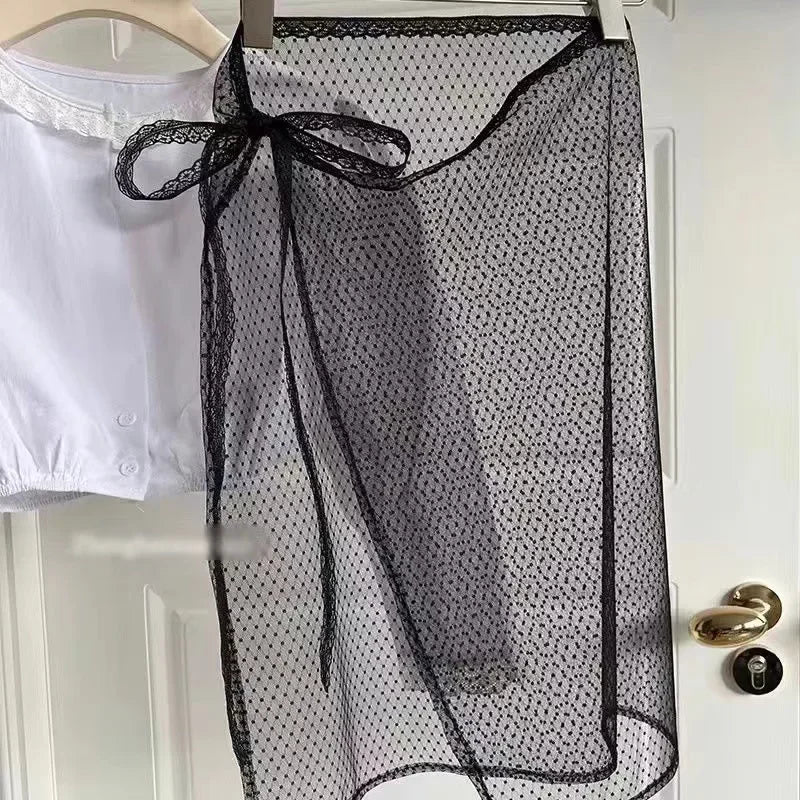 INS Blogger Lace Layered Gauze Skirt Y2k Streetwear Apron Wrap Skirt Lace Up Matching Pants Spicy Girl Stacked Y2k Wrap Skirt