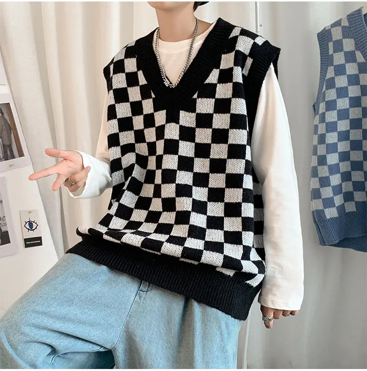 Men Knitted V Neck Japanese Vintage Loose Sleeveless Plaid Vests Chic Pullovers Chaleco Hombre Blue Checkerboard Sweater Vest