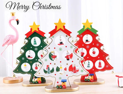 Holiday Tabletop Décor Carved Wood Xmas Tree 6 Hole Centerpiece for Mantel Scene Christmas Village Diorama Craft Ornament