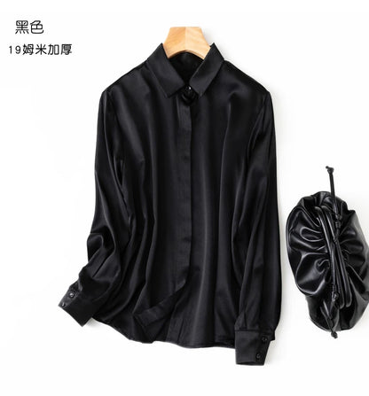 Tajiyane Women's 93% Mulberry Silk 7% Spandex 19 momme satin Silk Buttons long sleeve shirt Top Blouse office work chemise femme