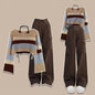 Women's Spring Vintage Hollow Stripe Long Sleeved Knitwear+ Strap+ Cargo Pants Suit Korean Elegant Sweater Trousers Matching Set