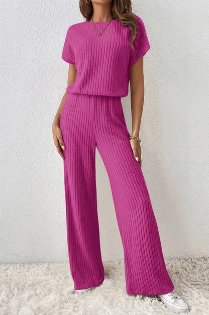 Women Spring Autumn New Collection Solid Color Fine Pit Strip Fashion Shoulder Short Sleeve Knitted Set Top Pants Two Piece Set