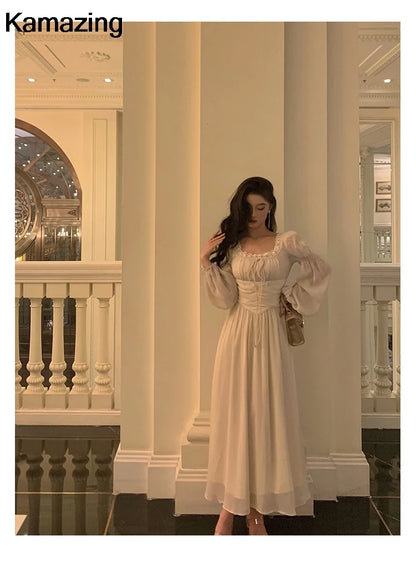 Elegant Square Collar Lace Dress Princess Evening Party Midi Dresses Women Autumn High Waist A-line Prom Robe One Piece Vestidos