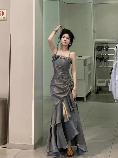 Korean Vintage Velvet Long Dress Women Luxury Slim Mermaid Spaghetti Strap Floral Dress Elegant Sexy Casual Evening Party Dress