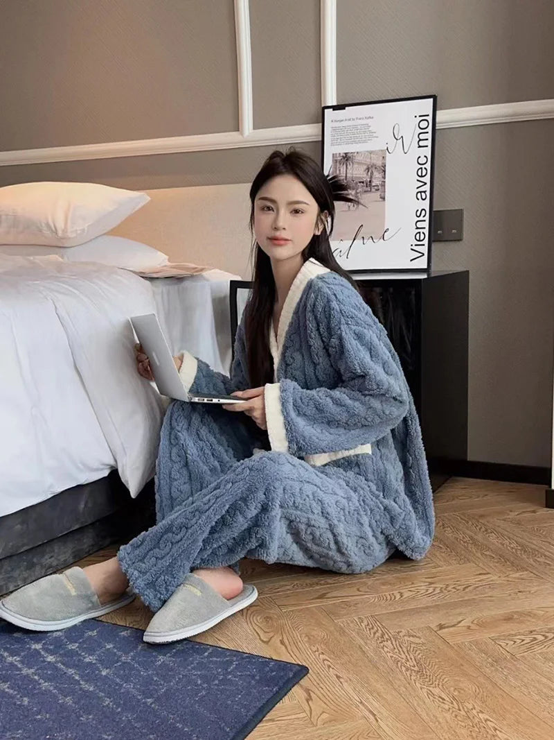 2pcs/Set Autumn And Winter Pajamas Women Thickened Padded Warm Students Coral Girls Clot Velvet Suit Home wear Cardigan Trousers