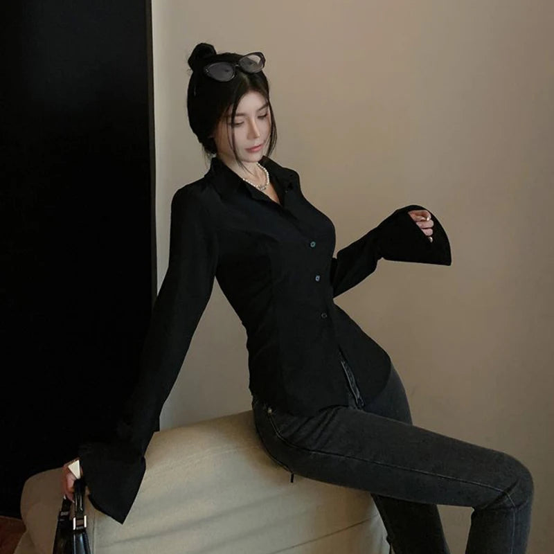 Fashion Women Bandage Shirts Korean All Match Streetwear Female Slim Blouse Spring Casual White Bell Sleeve Shirt New