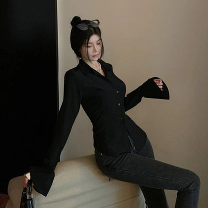 Fashion Women Bandage Shirts Korean All Match Streetwear Female Slim Blouse Spring Casual White Bell Sleeve Shirt New