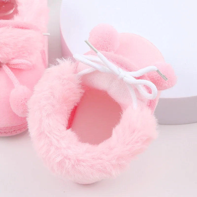 Winter Snow Baby Boots Faux Fur Warm Fluff Balls Indoor Cotton Soft Sole Infant Newborn Toddler Baby Shoes 0-18M