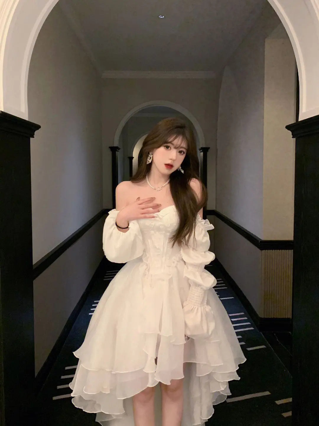 Elegant Ruffles Chic Fairy Dress Women White Sweet Korean Style Princess Dress Female 2025 Summer Slash Neck Casual Party Dress