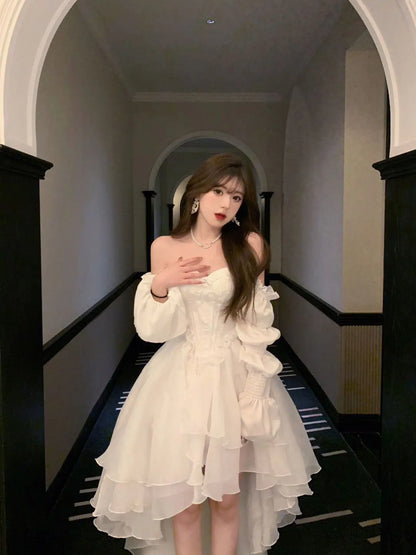 Elegant Ruffles Chic Fairy Dress Women White Sweet Korean Style Princess Dress Female 2025 Summer Slash Neck Casual Party Dress