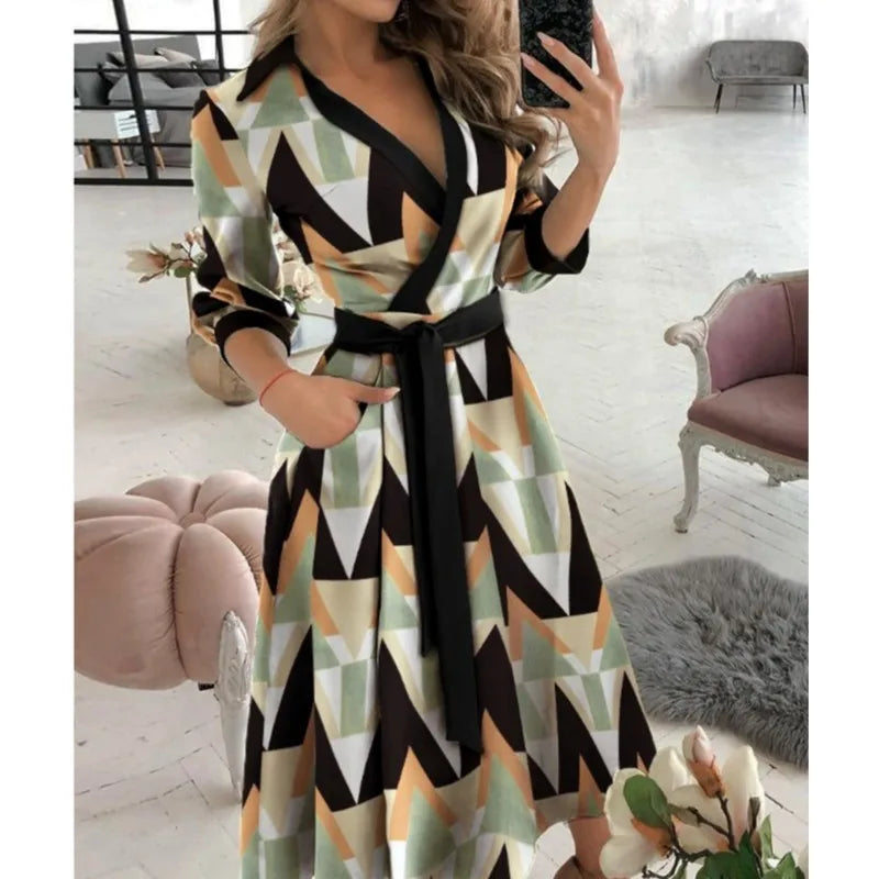 Office Women Casual Sashes A-Line Wrap Summer Dress 2025 Print Long Sleeve V-Neck Dress Pocket Elegant Midi Party Dress Vestidos