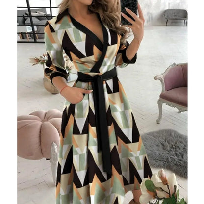 Office Women Casual Sashes A-Line Wrap Summer Dress 2025 Print Long Sleeve V-Neck Dress Pocket Elegant Midi Party Dress Vestidos