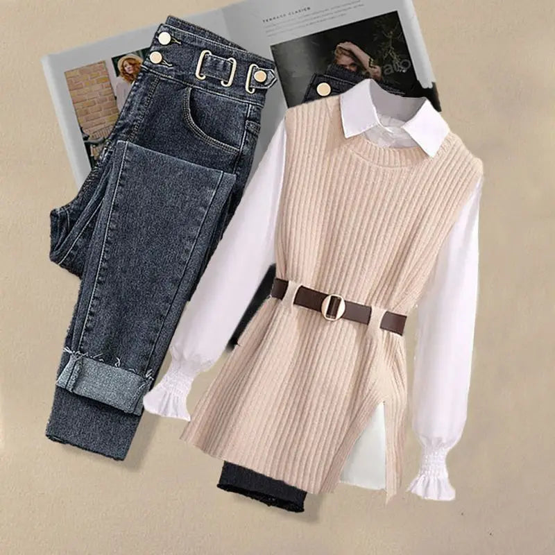 2025 Spring New Korean Elegant in Matching Set Women's Fashion Knitted Vest+ Shirt+ Jeans Three Piece Female Chic Denim Pants Suit